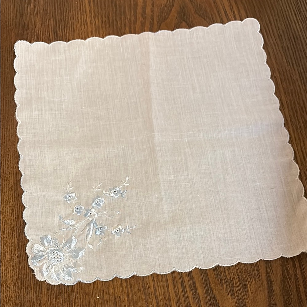 Elegant White Blue Embroidered Flower Handkerchief - Picture 1 of 3